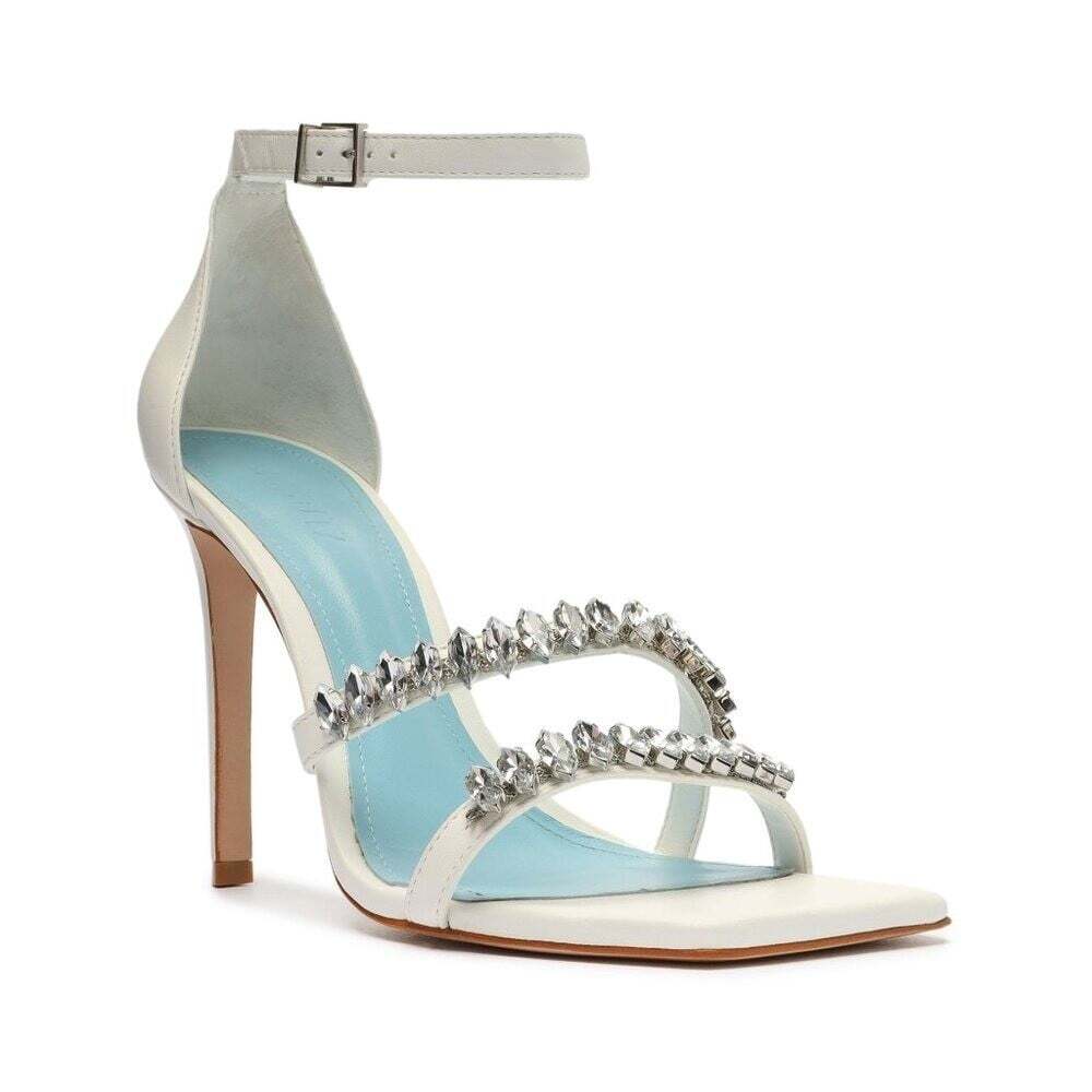 SCHUTZ White Rhinestone Ankle Strap Stiletto Heels Square Toe Women's Size 8B